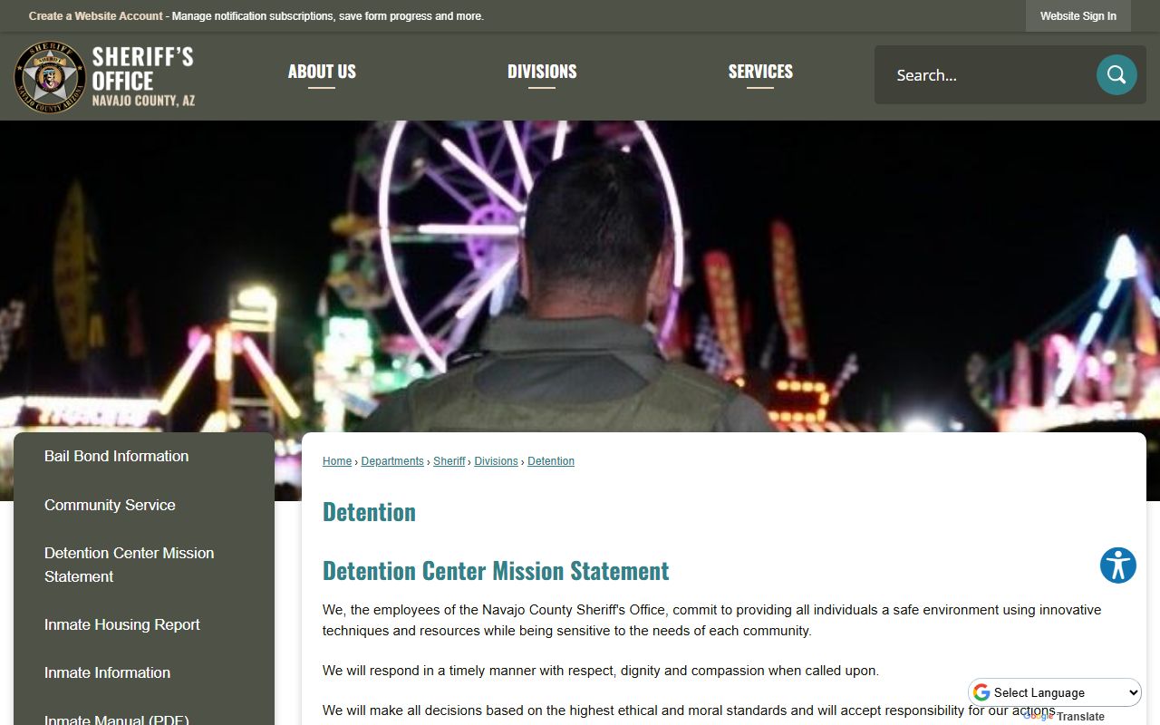 Navajo County detention page with jail leadership information
