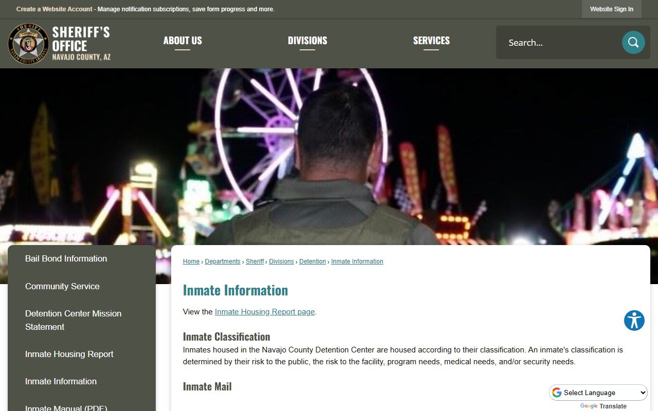 Navajo County inmate information page showing mail money and phone vendor links