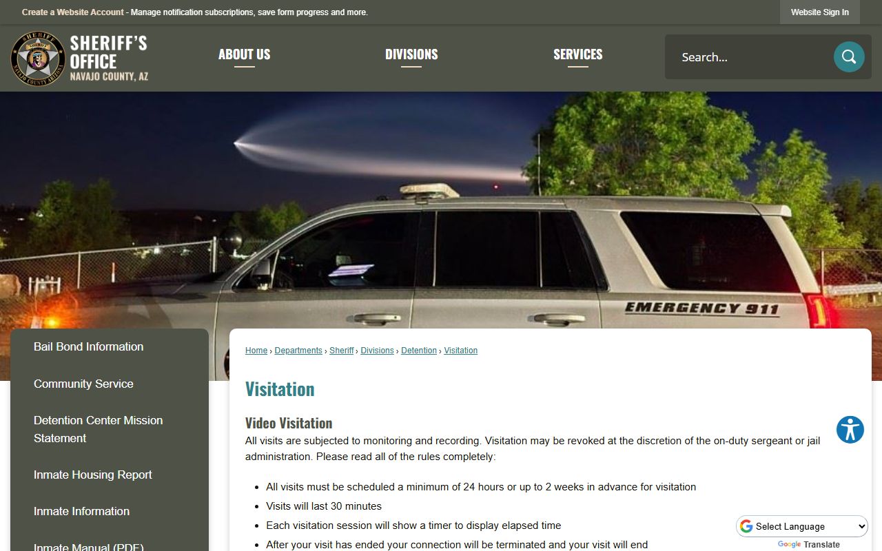 Navajo County jail visitation rules for inmates
