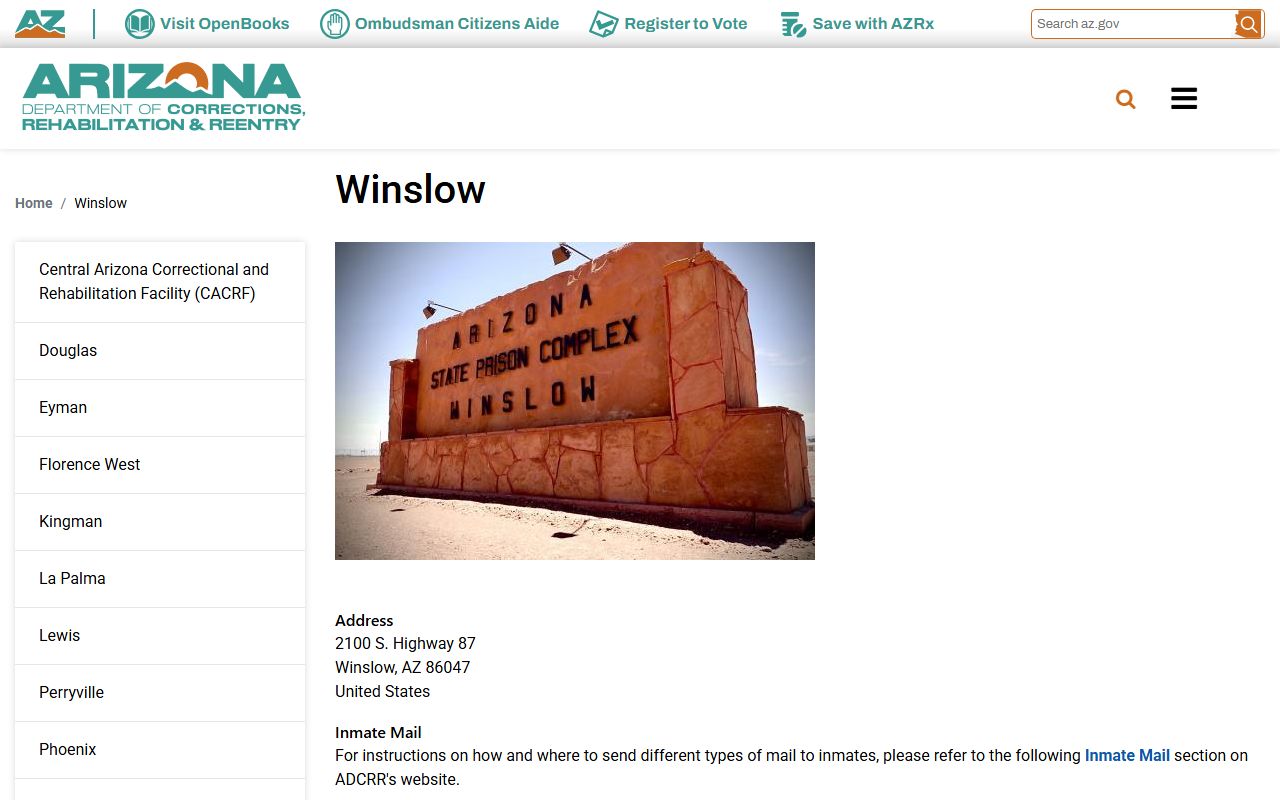 ADCRR Arizona State Prison Complex Winslow facility page