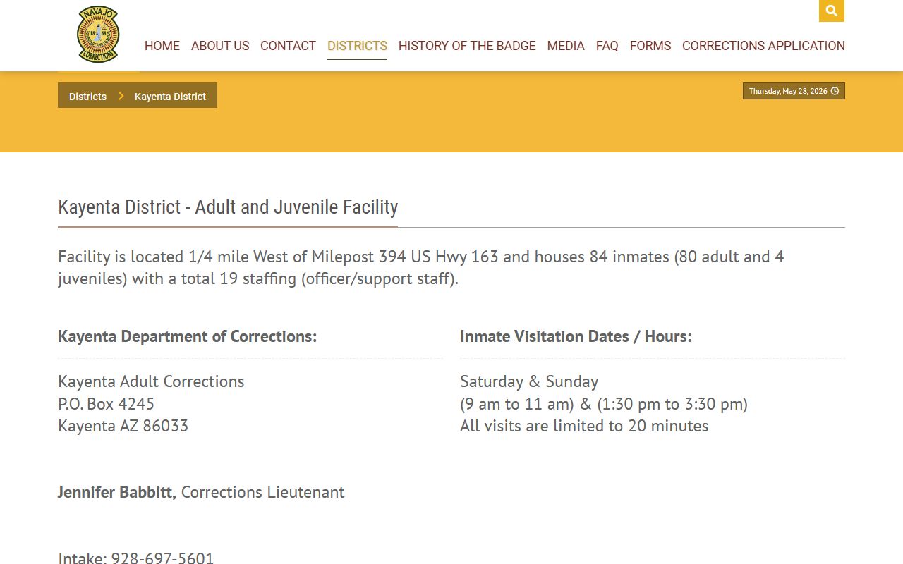 Navajo Nation Department of Corrections Kayenta District facility page